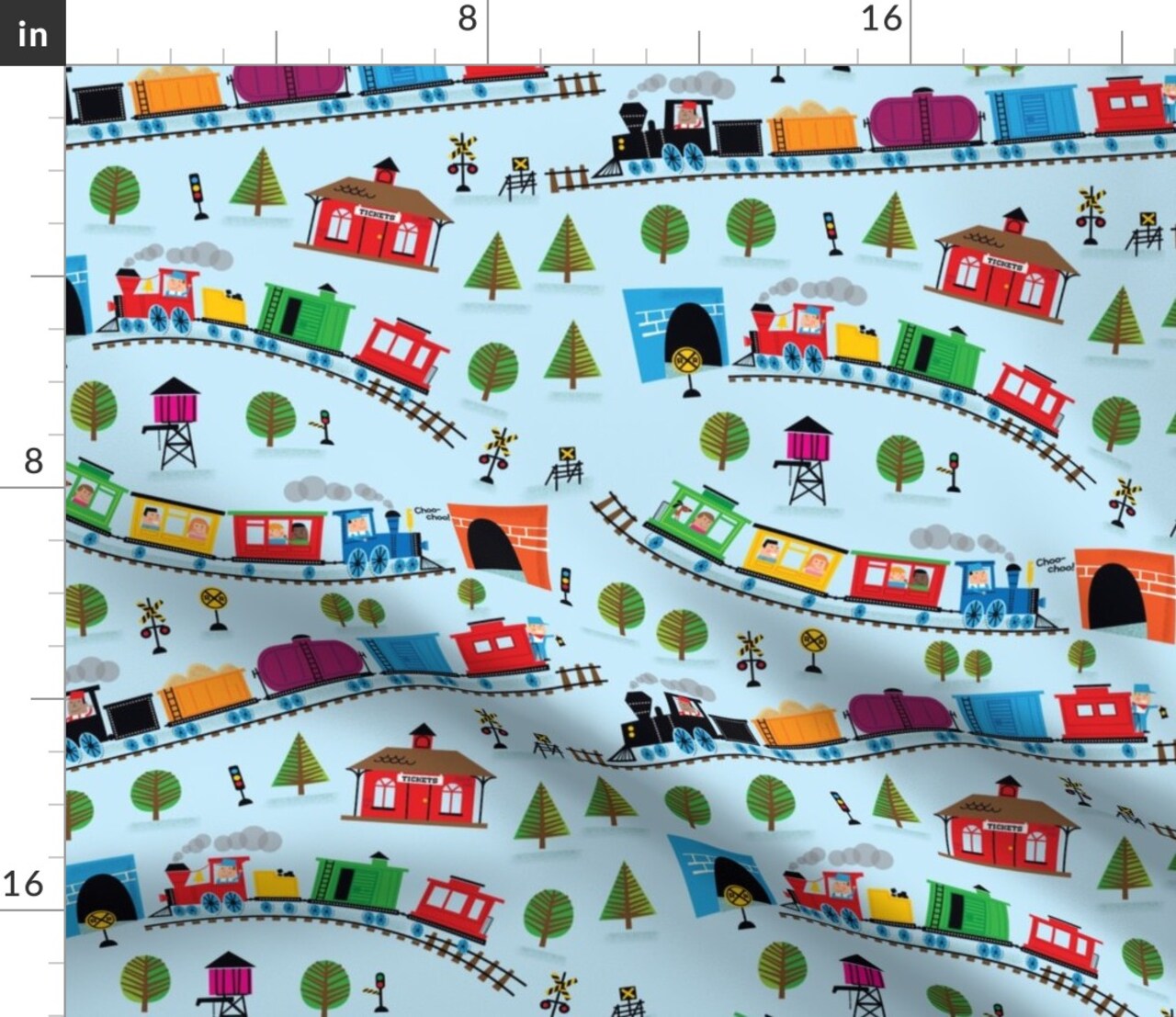 Trains, Blue, Nursery, Railroad, Rainbow, Boy, Girl, Colorful Custom Printed Fabric by Spoonflower Various Fabrics by the Yard or Fat Quarter